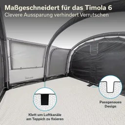 Innensicht eines luftreifen Zeltes mit grauen Wänden und einem strukturierten Boden. Hinweise zu Aussprachen und Design.