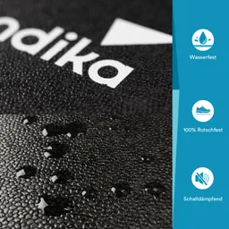 Schwarze Oberfläche mit dem Schriftzug „Mandika“ in Weiß, Wassertropfen auf der Struktur. Side-Panel mit Eigenschaften.