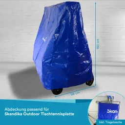 Blaue Abdeckung für eine Tischtennisplatte, auf einem Wagen stehend. Maße: 150 cm hoch, 98 cm breit. Inkl. Tragetasche.