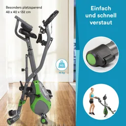 Faltbares Heimtrainingsgerät in Grau und Grün, mit Details zur Platzersparnis und einem Gewicht von 16 kg. Holzboden im Hintergrund.