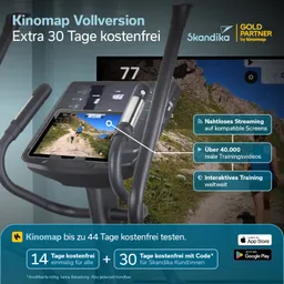 Bild eines Fitnessgeräts mit Bildschirm, der Trainingsvideos zeigt. Textinformationen zu kostenfreien Testzeiträumen und Funktionen.