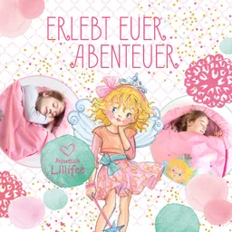 Zwei Schlafende in Schlafsäcken, umgeben von bunten, verspielten Elementen und einer Zeichnung einer Prinzessin mit Flügeln.