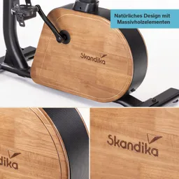 Ein Rudergerät mit einer massiven Holzfront in natürlichem Design und der Aufschrift „Skandika“.