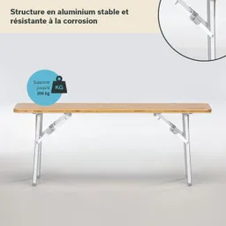 Aluminiumtisch mit Holztischplatte und klappbaren Füßen, Tragfähigkeit 200 kg, auf neutralem Hintergrund.