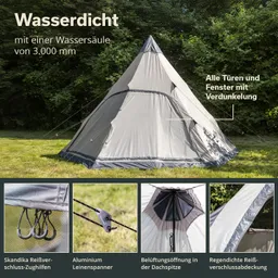 Zelt in grauer Farbe auf einer Wiese, umgeben von Bäumen. Informationen zu wetterfesten Eigenschaften und Details in Kästchen.