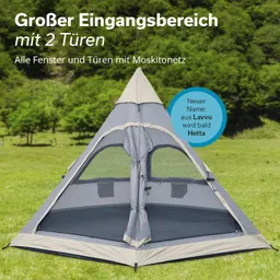 Zelt mit spitzem Dach und zwei Türen, umgeben von grüner Wiese. Fenster und Türen sind mit Moskitonetzen ausgestattet.