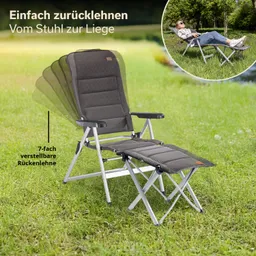 Klappstuhl mit verstellbarer Rückenlehne auf einer Wiese, daneben eine abgebildete Liegeposition.