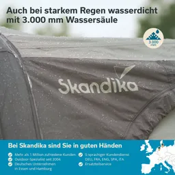 Zeltplane mit Wassertropfen, Marke "Skandika" und Hinweis auf Wasserfestigkeit (3.000 mm) in beschreibendem Text.