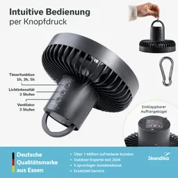 Schwarzer tragbarer Ventilator mit Knopfbedienung, Timerfunktion und Lichtintensität. Inklusive Aufhängemöglichkeit.