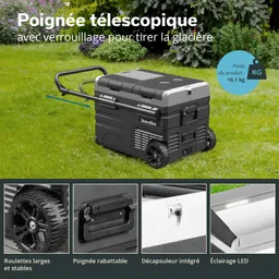 Kühlbox mit Teleskopgriff und großen Rädern auf einer Grasfläche. Funktionen sind abgebildet: Klappgriff, integrierter Flaschenöffner, LED-Beleuchtung.