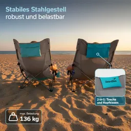 Zwei faltbare Stühle stehen am Strand, Blick auf das Wasser und den Sonnenuntergang. Sandboden und Stuhldetails sichtbar.