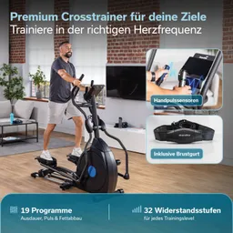 Crosstrainer im Innenraum mit einer Person, die trainiert. Grafiken zeigen Funktionen und Programme des Geräts.