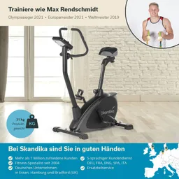 Schwarzäugiger Ergometer von Skandika in einem hellen Raum mit Holzboden und einem Fenster im Hintergrund.