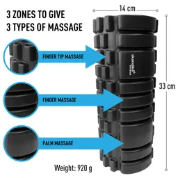 Schwarzes Massageroller-Gerät mit drei Massagezonen. Maße: 33 cm hoch, 14 cm Durchmesser, Gewicht 920 g.