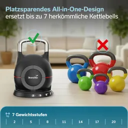 Eine schwarze, variable Kettlebell mit einem Drehregler steht vor mehreren farbigen Kettlebells. Es gibt einen Text über die Gewichtseinstellungen.