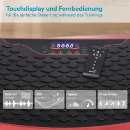 Vibrationsgerät mit Touchdisplay und Fernbedienung, Anzeige für Kalorien, Zeit, Geschwindigkeit und Programme.