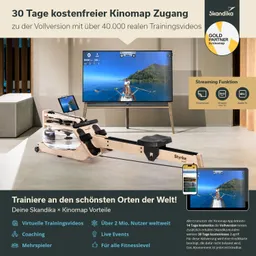 Rudergerät in einem modernen Raum, vor einem Fernseher mit Trainingsvideo. Plakate informieren über Kinomap-Zugang und Vorteile.