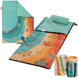 Buntes Schlafsack-Set mit floralem Muster, aufgedeckt und mit Kissen. Verpackung daneben.