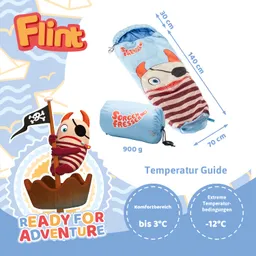 Blick auf einen blauen Schlafsack mit Tiermotiv, umgeben von Produktinformationen und einer Figur, die ein Piratenfahne hält.