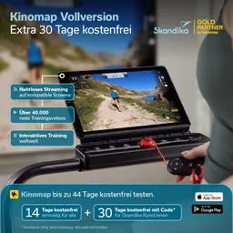 Screenshot einer Kinomap-Werbung mit einem Tablet, das ein Laufvideo zeigt. Darunter Textinformationen zu Abonnements und Funktionen.