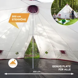 Zelt mit 300 cm Stehhöhe, innen mit senkreptem Stützpfosten und Bodenansicht. Außenzelt im Hintergrund.