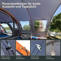 Campingzelt mit Panoramafenstern, innen mit Sitzmöglichkeiten. Details zu Befestigungen und Ausstattungen sind abgebildet.
