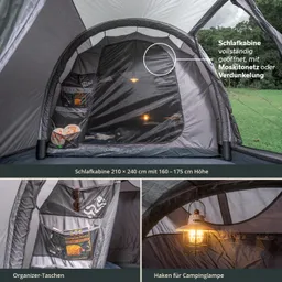 Schlafkabine aus grauem Material mit Mückenschutztüren. Innen Organizer-Taschen, ein Buch und eine hängende Lampe sichtbar.
