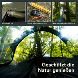 Zeltinnenansicht mit grünem Waldblick, Zeltmaterialien und Ausrüstungstools in drei Bildern. Text: "Geschützt die Natur genießen."