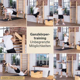 Mehrere Fitnessübungen in einem Raum mit Holzregalen. Eine Person führt verschiedene Übungen durch, darunter Klimmzüge und Ausfallschritte.