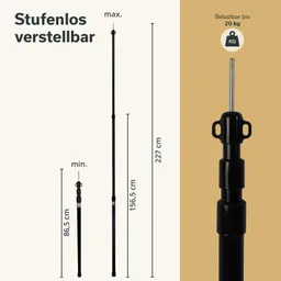 Verstellbarer Teleskopstab mit Höhenangaben (86,5 cm - 227 cm) und maximaler Belastbarkeit von 20 kg.