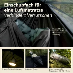 Einschubfach für Luftmatratze in einer schwarzen Hängematte. Zwei Haken, eine Organizer-Tasche und eine Tragetasche sind abgebildet.