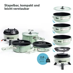 Kochtöpfe und ein tragbarer Kocher in mintgrün, mit Abmessungen und Gewicht angegeben. Stapelbare Form für einfachen Transport.