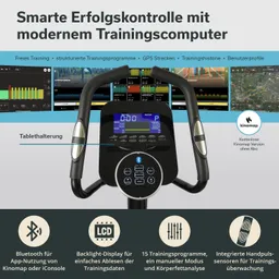 Trainingscomputer mit Tablet-Halterung, Bluetooth-Funktion, LCD-Display und Handpulssensoren. Grafiken und Texte auf dem Hintergrund.