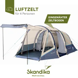Luftzelt für 4 Personen, mit eingenähten Zeltboden, in hellen und dunklen Farben. Markenlogo „Skandika“ im unteren Bereich.