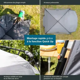 Graue Zeltplane auf Rasen, Person zieht daran. Zeitraffer Montageanleitung mit Zelt- und Gestelldetails.