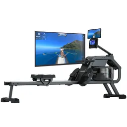 Rudergerät mit Monitor und Bildschirm, der eine Ruderbootszene auf einem ruhigen Gewässer zeigt.