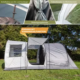 Zelt mit Sonnensegelfunktion, seitlichen Fenstern und Befestigungsbändern, auf einer grünen Wiese.