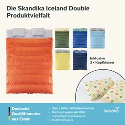 Bunte Schlafsäcke in verschiedenen Farben mit zwei Kopfkissen, auf hellem Hintergrund angeordnet.