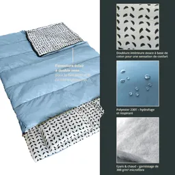 Schlafsack in Hellblau mit einem Innenteil aus gemustertem Stoff, beschreibende Texte zu Materialien und Eigenschaften.