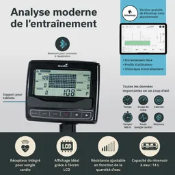 Digitales Display eines Trainingsgeräts mit LCD-Anzeige, Bluetooth-Funktion, Tablet-Halterung und Informationen zu Trainingsdaten.