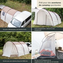 Zelt und Wohnmobil auf einer Wiese, vier Bilder: Anbau, selbsttragendes Zelt, geschlossene Seite, Innenansicht mit Ausstattungen.