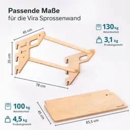 Holzgestell für eine Sprossenwand mit Maßen, Belastbarkeit und Produktgewicht in einer grafischen Darstellung.