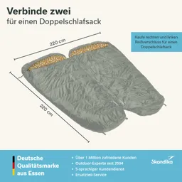 Doppelter Schlafsack in grauer Farbe mit einem Innenfutter in Orange, Maßangaben 220 cm. Hinweise zur Verbindung von zwei Schlafsäcken.
