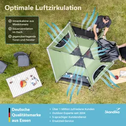 Zelt mit Mückennetz-Innenkabine auf einer Wiese, zwei Personen arrangieren das Zelt, umgeben von Möbeln und Zubehör.