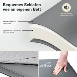 Graue Matratze mit Softtouch-Oberfläche und ergonomischer Schaumstoffschicht. Hand berührt die Matratze.