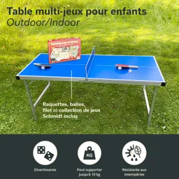 Blaue Tischtennis-Spieltisch mit Schlägern, Bällen und einer Spiele-Sammlung auf grünem Gras.