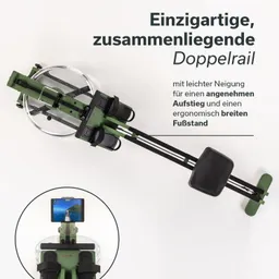 Rudergerät mit glattem, grünem Rahmen und transparentem Wassertank. Abgebildet von oben mit Sitz, Fußstützen und Halterung für ein Tablet.