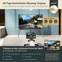 Bild mit einem Fernseher, der ein Radfahrertraining zeigt. Darunter ein Tablet und ein weiteres Gerät, beide mit ähnlichem Inhalt. Informationen zu Kinomap und Trainingsvorteilen sind sichtbar.