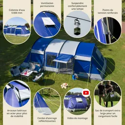 Ein großes, blau-weißes Zelt steht auf einer Wiese. Neben dem Zelt stehen zwei Klappstühle und ein Tisch mit Snacks. Es sind weitere Details zu Zeltmerkmalen abgebildet.