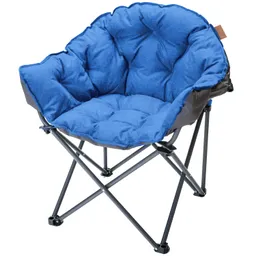 Runder, gepolsterter Sessel in Blau mit schwarzem Rahmen und klappbarem Gestell.